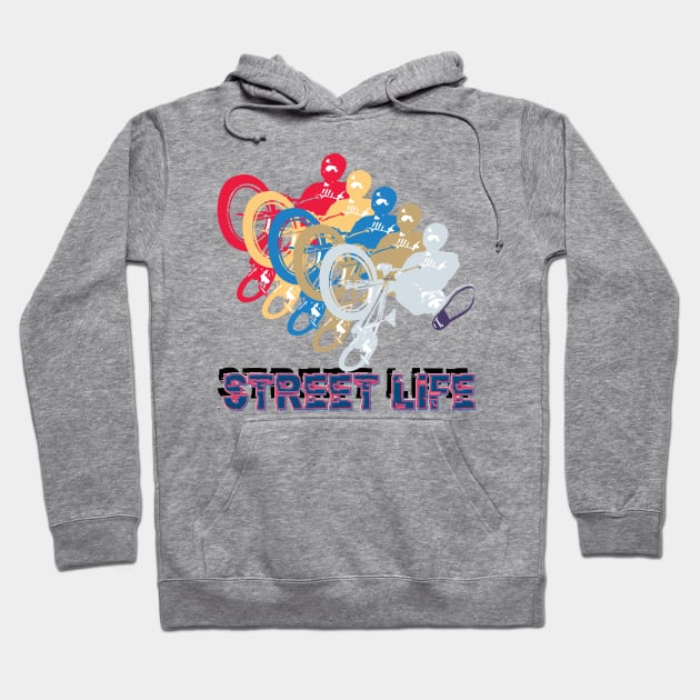 Street Life BMX Rider Retro Glitch 5 Colour Bike Style Hoodie by Surfer Dave Designs